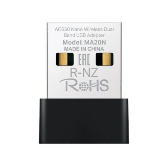 ADAPTADOR DE RED MERCUSYS MA20N(US) DUAL BAND USB 2.0 433 MBPS (5 GHz) + 200  MBPS (2,4 GHz)