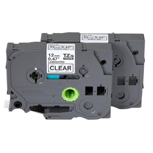 CINTAS DE ETIQUETADO (PACK X2) BROTHER TZE1312PK 12MM X 8M COMPATIBLE CON P-TOUCH NEGRO SOBRE FONDO TRANSPARENTE